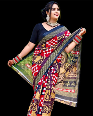Sumit Textiles Color Block, Digital Print, Printed Sambalpuri Cotton Blend Saree(Black, Red)
