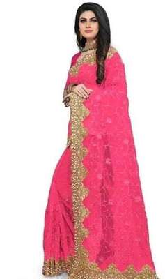LUTAD FAB Embroidered Bollywood Net Saree(Pink)