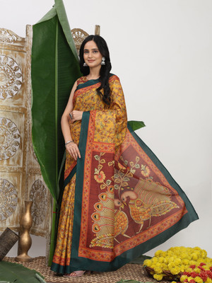 SCFO Digital Print Saree with Attached Blouse Tussar Silk Saree(Yellow)