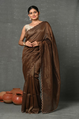 Very Much Indian Striped Handloom Pure Cotton Saree(Brown)