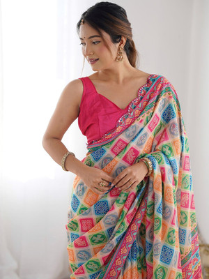 Divastri Floral Print Bandhani Georgette Saree(Multicolor)