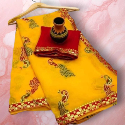 majisasaree Printed Bollywood Georgette Saree(Yellow)