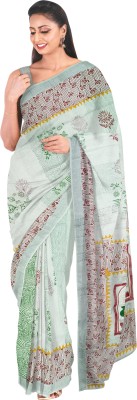 Shrimati Boutique Digital Print, Applique Handloom Handloom Cotton Blend Saree(White)