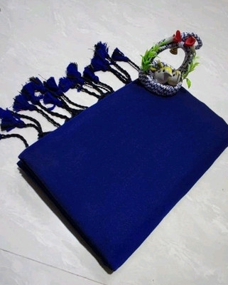 Apu Solid/Plain Kalamkari Pure Cotton Saree(Dark Blue)