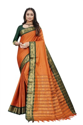 SeaRider Embellished, Checkered, Woven, Self Design Bollywood Cotton Silk, Jacquard Saree(Orange)