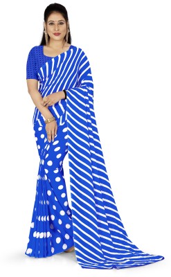 Anand Sarees Printed, Striped Daily Wear Georgette Saree(White, Blue)