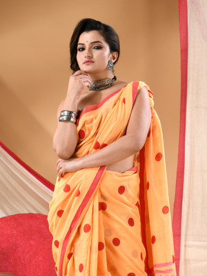 Desh Bidesh Printed Handloom Pure Cotton Saree(Yellow, Red)