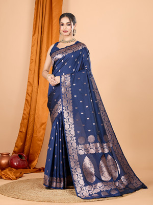 VM Selling Hub Woven, Self Design Banarasi Pure Silk Saree(Dark Blue)
