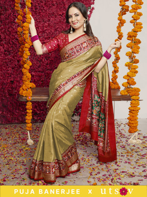 Divastri Woven Patola Silk Blend Saree(Cream)