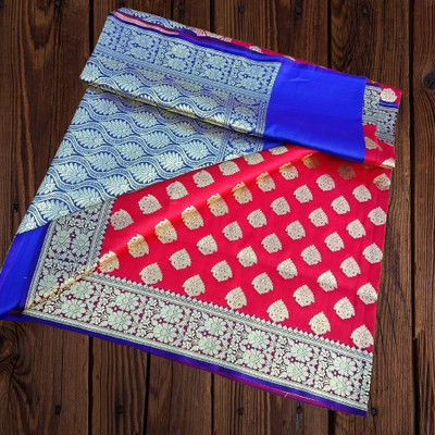 HouseOfCommon Self Design Tant Handloom Cotton Blend Saree(Red, Blue)