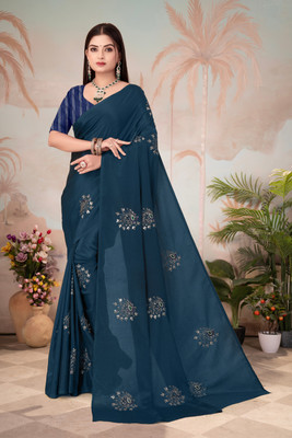 ideastar Embroidered Daily Wear Viscose Rayon Saree(Dark Blue)
