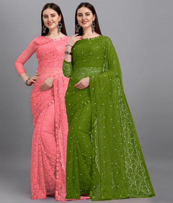 LOROFY Self Design Bollywood Net Saree(Pack of 2, Green, Pink)