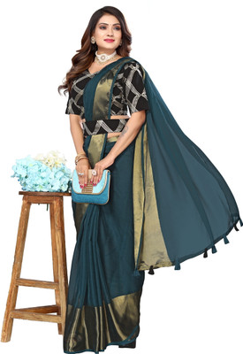 HARPITA Color Block Bollywood Chiffon Saree(Dark Blue)