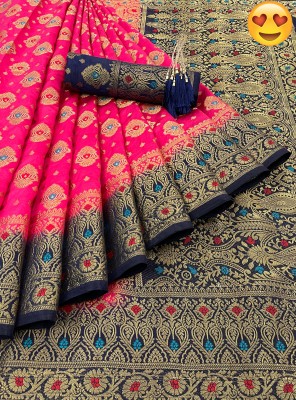 KanjiQueen Woven Kanjivaram Silk Blend, Pure Silk Saree(Pink, Blue)