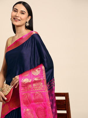 yourwish Woven, Checkered, Embellished, Self Design Banarasi Jacquard, Cotton Silk Saree(Dark Blue)