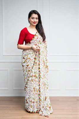 HouseOfCommon Printed Bollywood Art Silk Saree(White, Red, Multicolor)