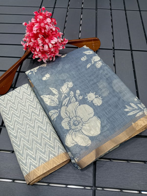 HouseOfCommon Woven Kanjivaram Cotton Linen, Linen Saree(Grey)