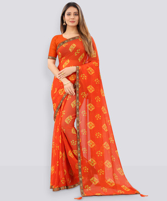 RHEY Printed Bandhani Chiffon Saree(Orange)