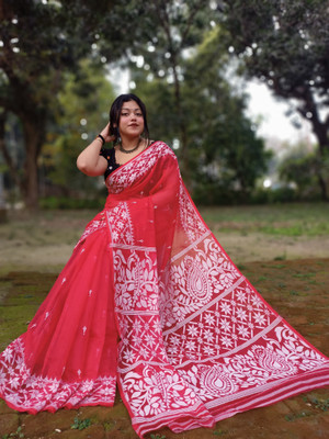 ADbutiq Applique Bollywood Handloom Cotton Blend Saree(White)