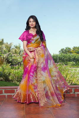 KOTHARI BS Solid/Plain Bandhani Organza Saree(Pink)