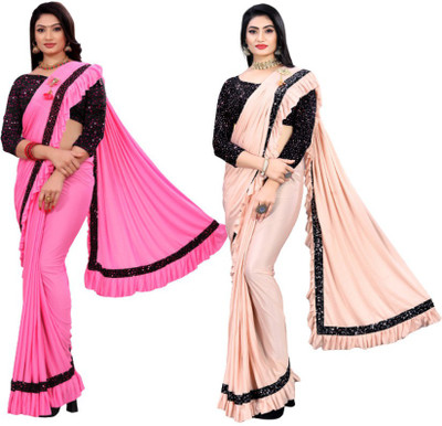 MIJAASHREE Embellished, Solid/Plain Bollywood Lycra Blend Saree(Pack of 2, Multicolor)