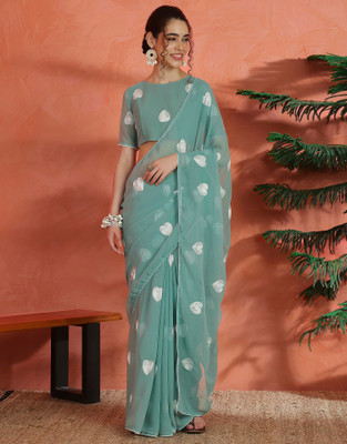 Sangria Solid/Plain, Embroidered Bollywood Georgette Saree(Green)