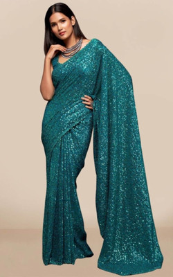PARROT ENTERPRISE Embroidered, Embellished, Self Design Bollywood Georgette Saree(Blue)