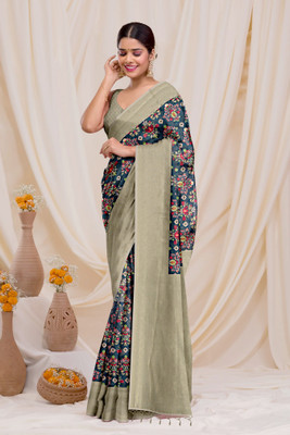 Dharmata Enterprise Printed Kalamkari Cotton Silk Saree(Grey)