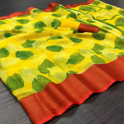 RUNAYA NX Digital Print Bandhani Cotton Blend Saree(Yellow)
