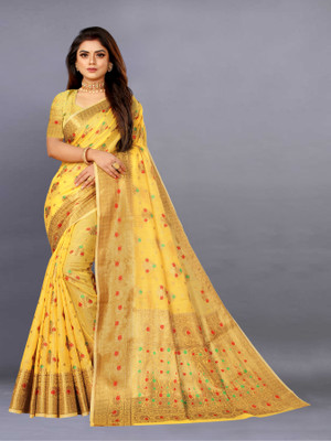 KRENIW Printed, Self Design, Woven, Floral Print Kanjivaram Jacquard, Cotton Silk Saree(Yellow)