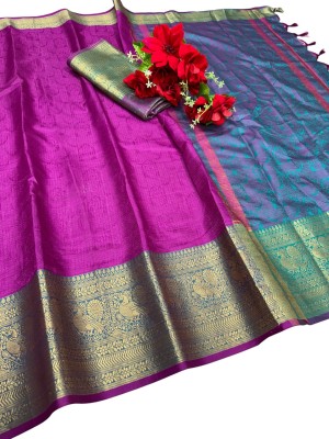 Rizanx Printed Kota Doria Cotton Blend Saree(Purple, Blue)