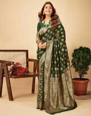 Aarya creation Woven Kanjivaram Pure Silk Saree(Dark Green)