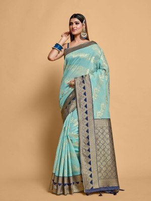 MIMOSA Woven Kanjivaram Linen Saree(Light Blue)