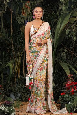 RAJESHWAR FASHION Printed Bollywood Georgette Saree(White, Multicolor)