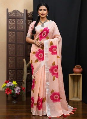 Hema Silk Mills Digital Print, Floral Print Bollywood Linen Saree(Pink)