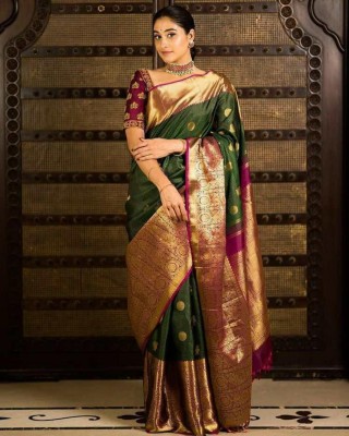 MISS MEERA Woven Banarasi Jacquard Saree(Dark Green)