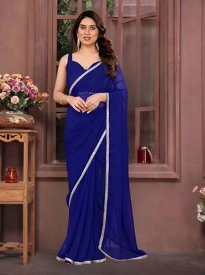 HIJA TRENDZ Solid/Plain Bollywood Georgette Saree(Dark Blue)