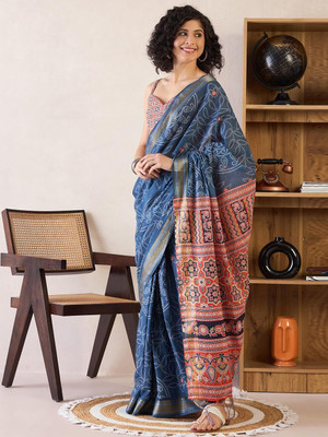 HIYAMI Printed Bandhani Cotton Linen Saree(Dark Blue)