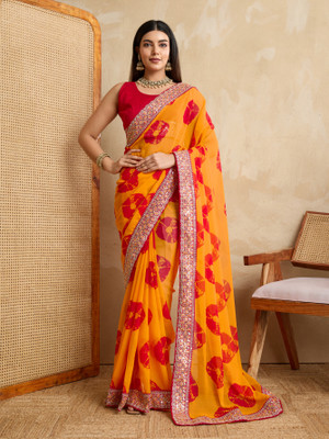 sareya veela Blocked Printed Bandhani Georgette Saree(Yellow)