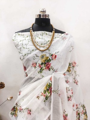 AARAANA Floral Print, Self Design, Striped Kanjivaram Linen, Cotton Linen Saree(White)