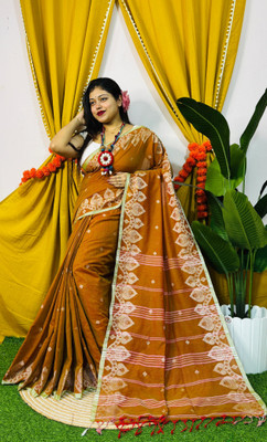 PARTHA BISWAS Self Design Handloom Cotton Blend Saree(Grey)