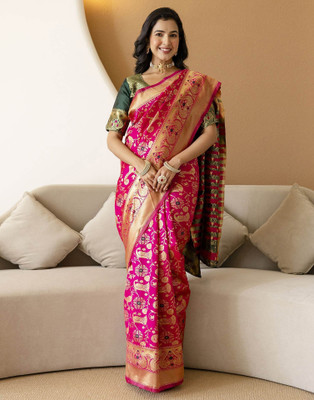 Falessa Woven, Floral Print Banarasi Art Silk Saree(Pink)