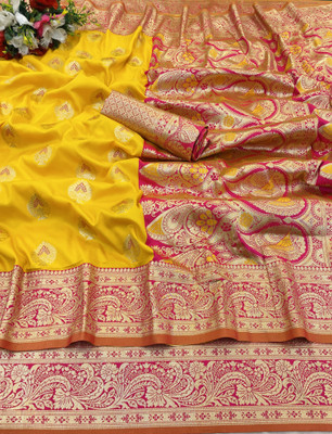 KanjiQueen Woven Banarasi Silk Blend, Pure Silk Saree(Gold, Pink)