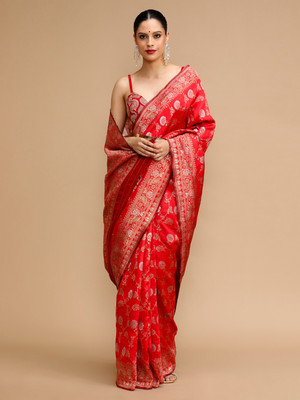 House of Pataudi Woven Banarasi Silk Blend Saree(Red)