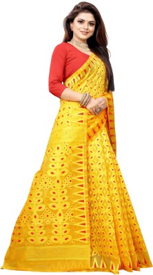 tapovan fashion Printed Jamdani Cotton Blend Saree(Yellow)