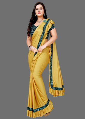 Kanani Solid/Plain Bollywood Silk Blend Saree(Yellow)