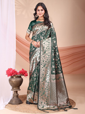 Dhyey Fashion Printed Banarasi Pure Silk Saree(Green)