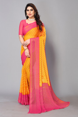 FABMORA Printed, Animal Print Bollywood Chiffon, Brasso Saree(Yellow)