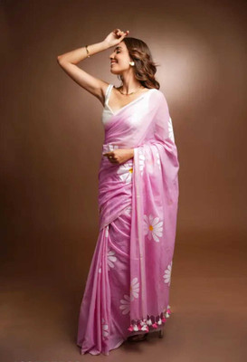 Quexle Floral Print Handloom Cotton Blend Saree(Pink)