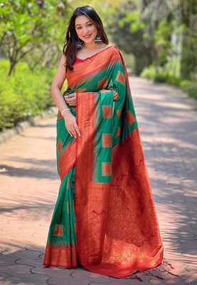 all about you Woven Bollywood Silk Blend Saree(Green)